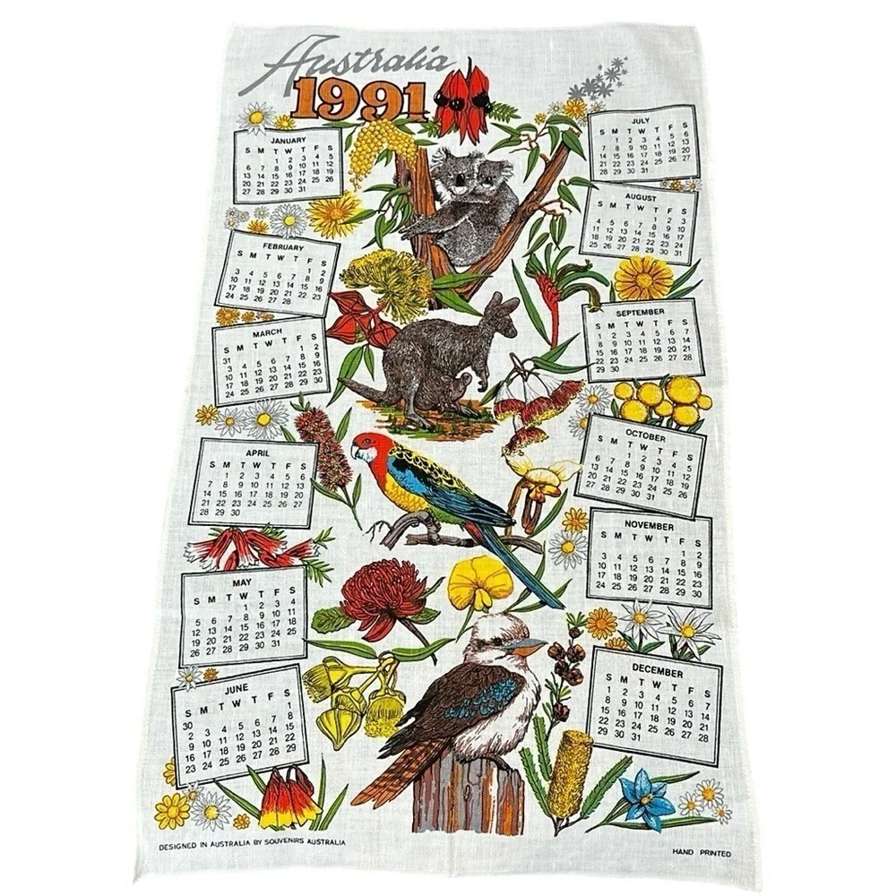 Australia 90s Kitchen Calendar Tea Towel Linen Blend Koala Kangaroo Parrot 1991